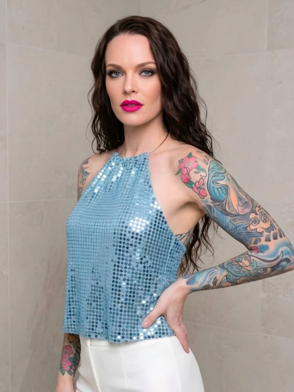 Y.K. Clothing Sequin Halter Top Light Blue Metal O-Ring Hoop Neck Backless Sz S